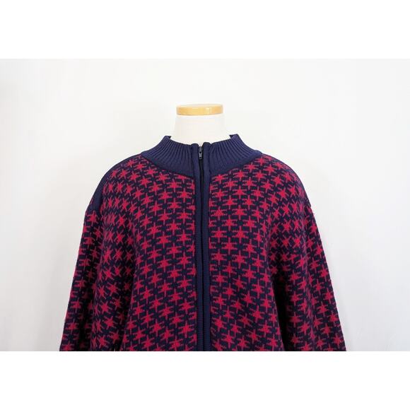 Vintage 80s Cardigan Sweater Blue Red Wool Blend Misses Size S - Picture 2 of 6